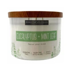 Candle Lite 4472174 Essential Elements 3-Wick Jar Candle, Eucalyptus & Mint Leaf, 14.75-oz.